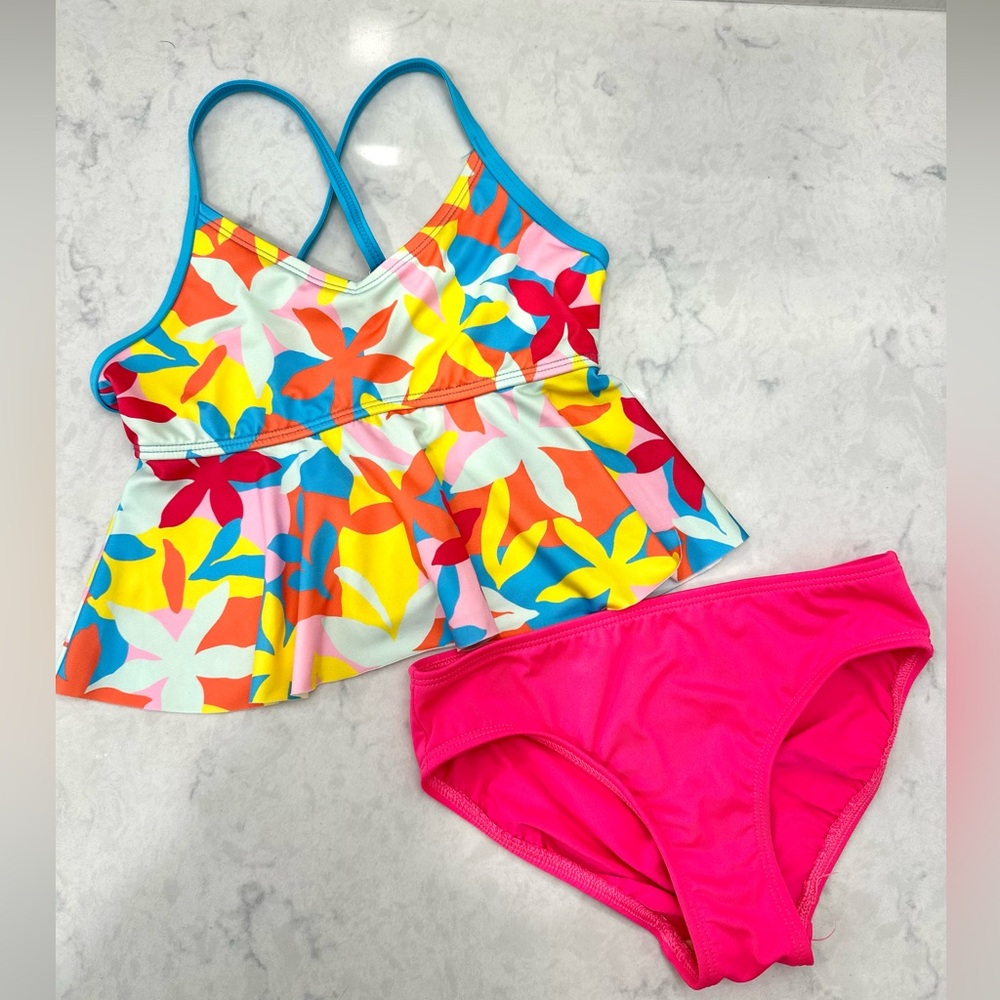Girls 2pc Swimsuit, Tankini, Bikini, Vibrant Floral Pattern, Lands' End size 6